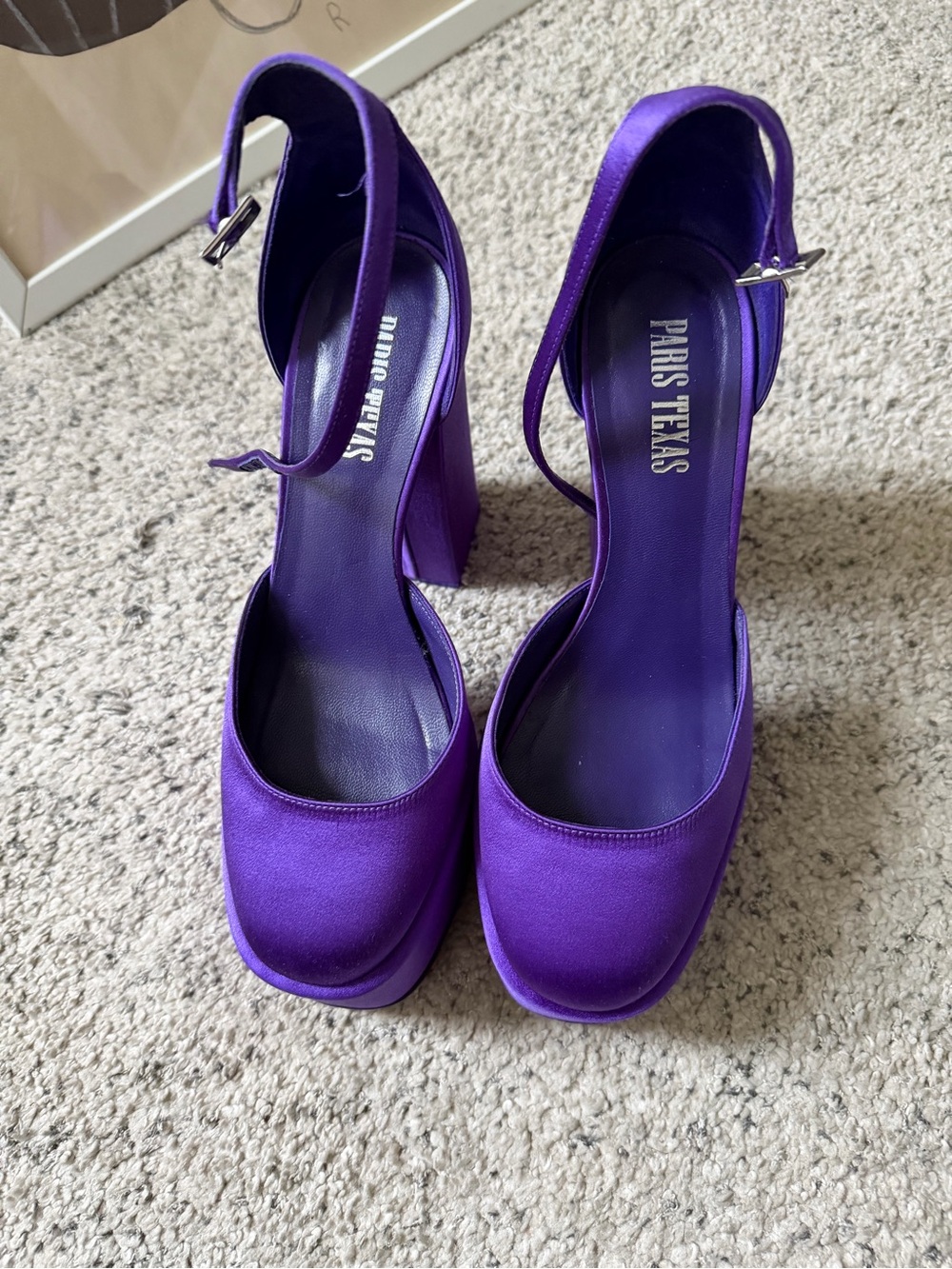 Paris Texas Vibrant Purple Satin Platform Pumps with Ankle Strap